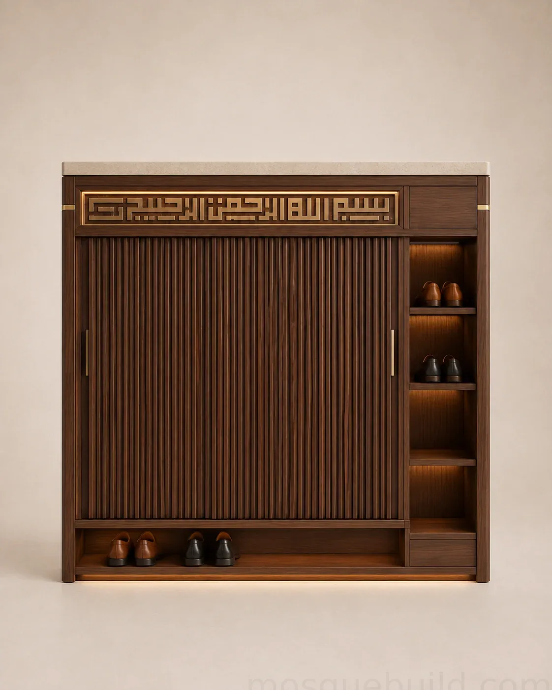 Decorative Custom Wooden Mosque Shoe Cabinet – Model SHR-260816-006 – Main декоративный деревянный шкаф для обуви мечети на заказ – модель SHR-260816-006 – вид изделия спереди