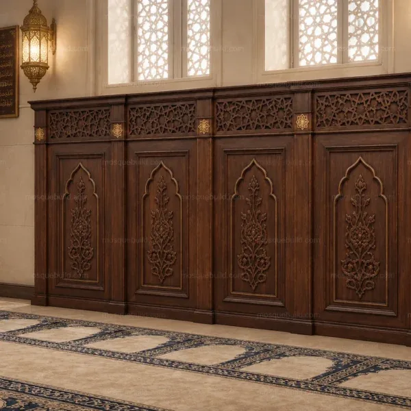 Decorative Wooden Mosque Wall Cladding & Separator – Model WCL-260816-005 shown in a mosque interior