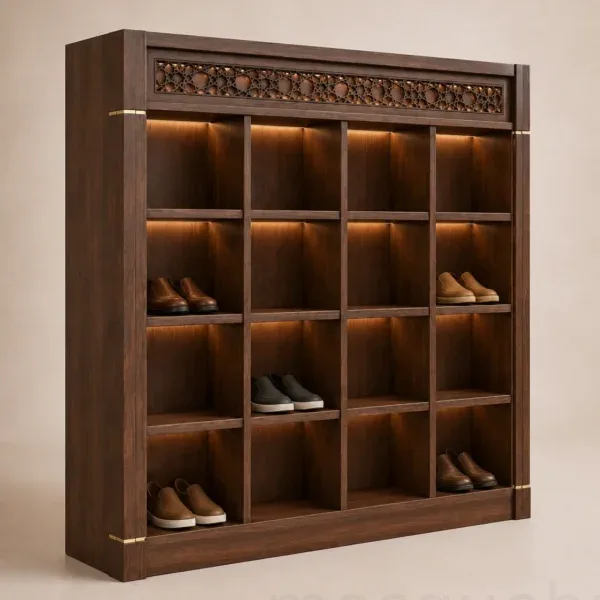 Entrance Custom Wooden Mosque Shoe Cabinet – Model SHR-260816-005 three-quarter product view
