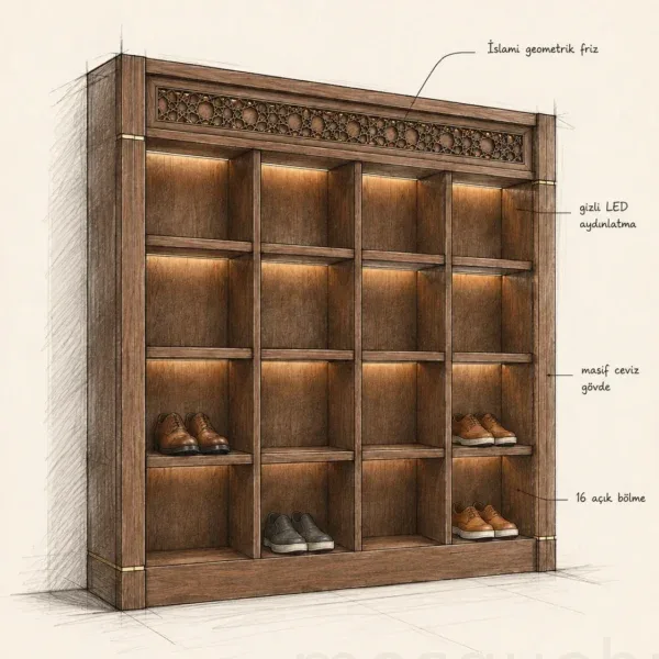 Entrance Custom Wooden Mosque Shoe Cabinet – Model SHR-260816-005 architectural design sketch