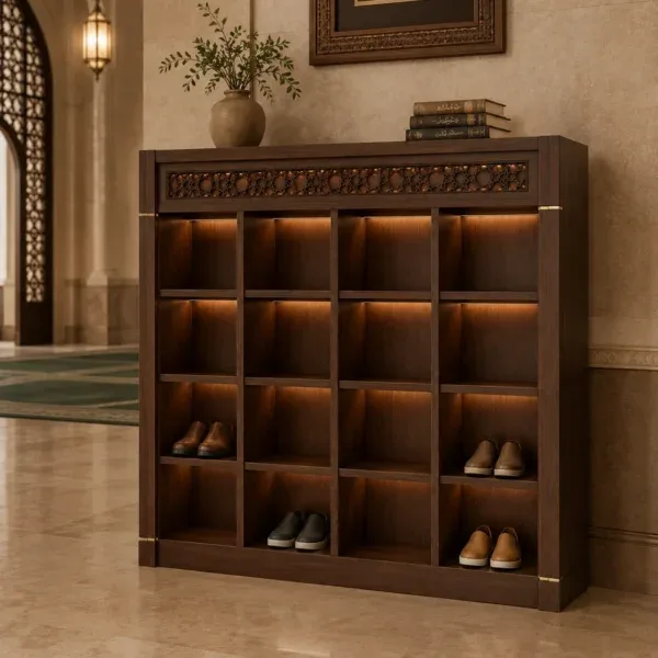 Entrance Custom Wooden Mosque Shoe Cabinet – Model SHR-260816-005 shown in a mosque interior