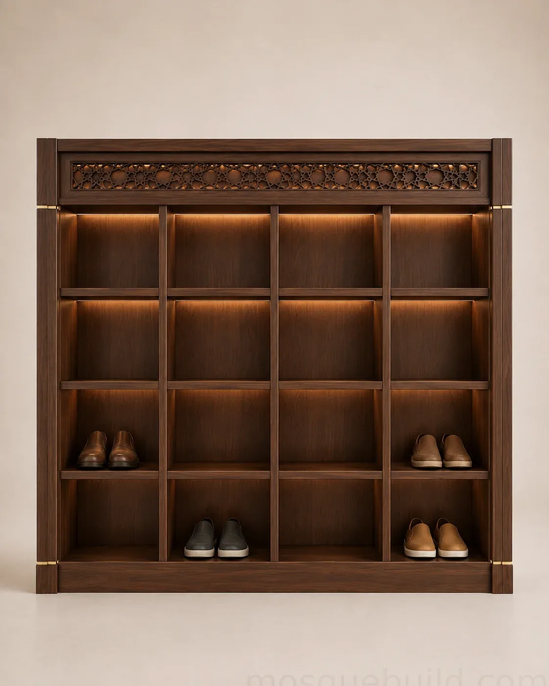 Entrance Custom Wooden Mosque Shoe Cabinet – Model SHR-260816-005 – Main Entrance Custom Wooden Mosque Shoe Cabinet – Model SHR-260816-005 front product view