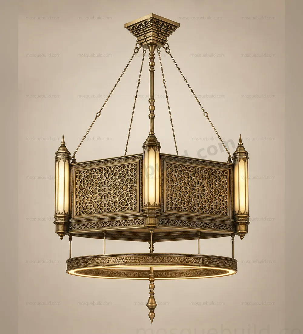 Frontansicht eines geometrischen quadratischen Moschee-Kronleuchters