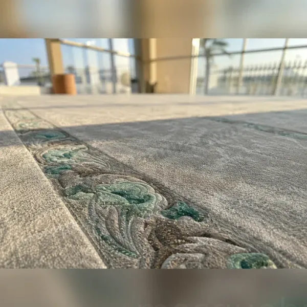 Grey and Turquoise Mosque Carpet decorative prayer row border detail