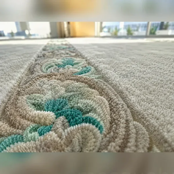 Grey and Turquoise Mosque Carpet close-up of the carpet pile and motif