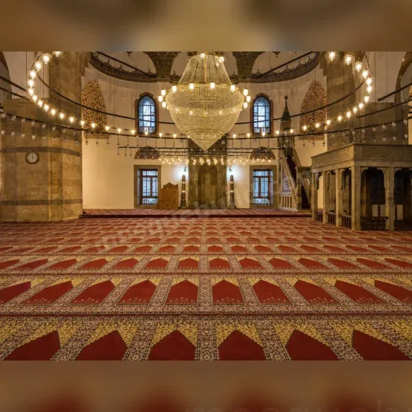 Red Ottoman Mosque Carpet wide view installed across a prayer hall