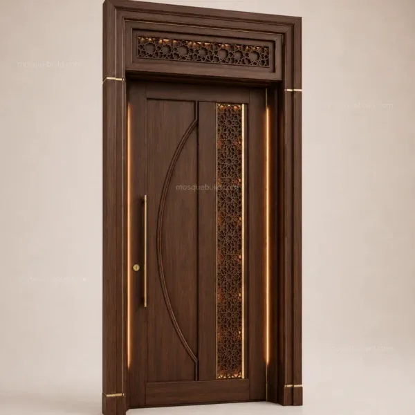 Geometrik Panelli Ceviz Ahşap Cami Kapısı üç çeyrek görünümü; geometrik dikey panel detayları gösterilmektedir