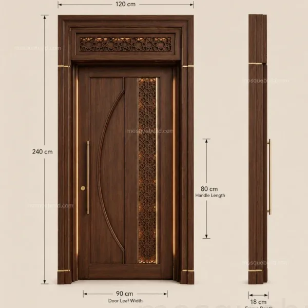 Geometrik Panelli Ceviz Ahşap Cami Kapısı için projeye özel ölçülerle teknik sunum