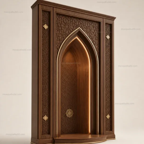 Vue trois-quarts du produit Porte cintrée en bois de noyer pour mosquée. Cette présentation pour mosquée met en évidence le motif suivant : panneau à arc brisé.