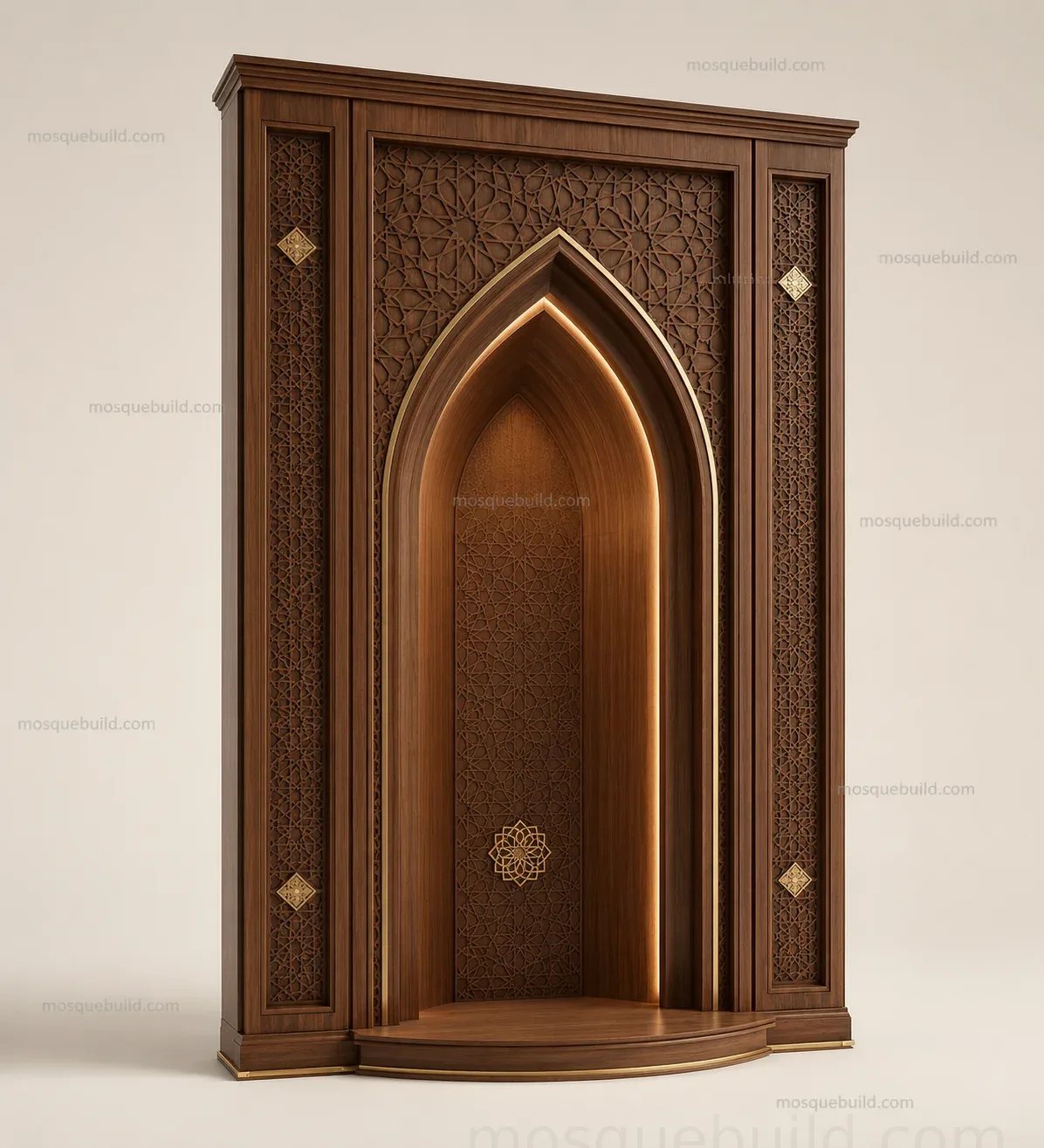 Arched Walnut Wooden Mosque Door – Main Porte cintrée en noyer pour mosquée – vue frontale du produit