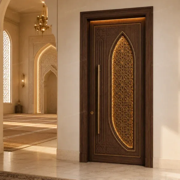 İslami kafes desenli ceviz cami kapısı, cami ibadet salonunda uygulanmış görünüm
