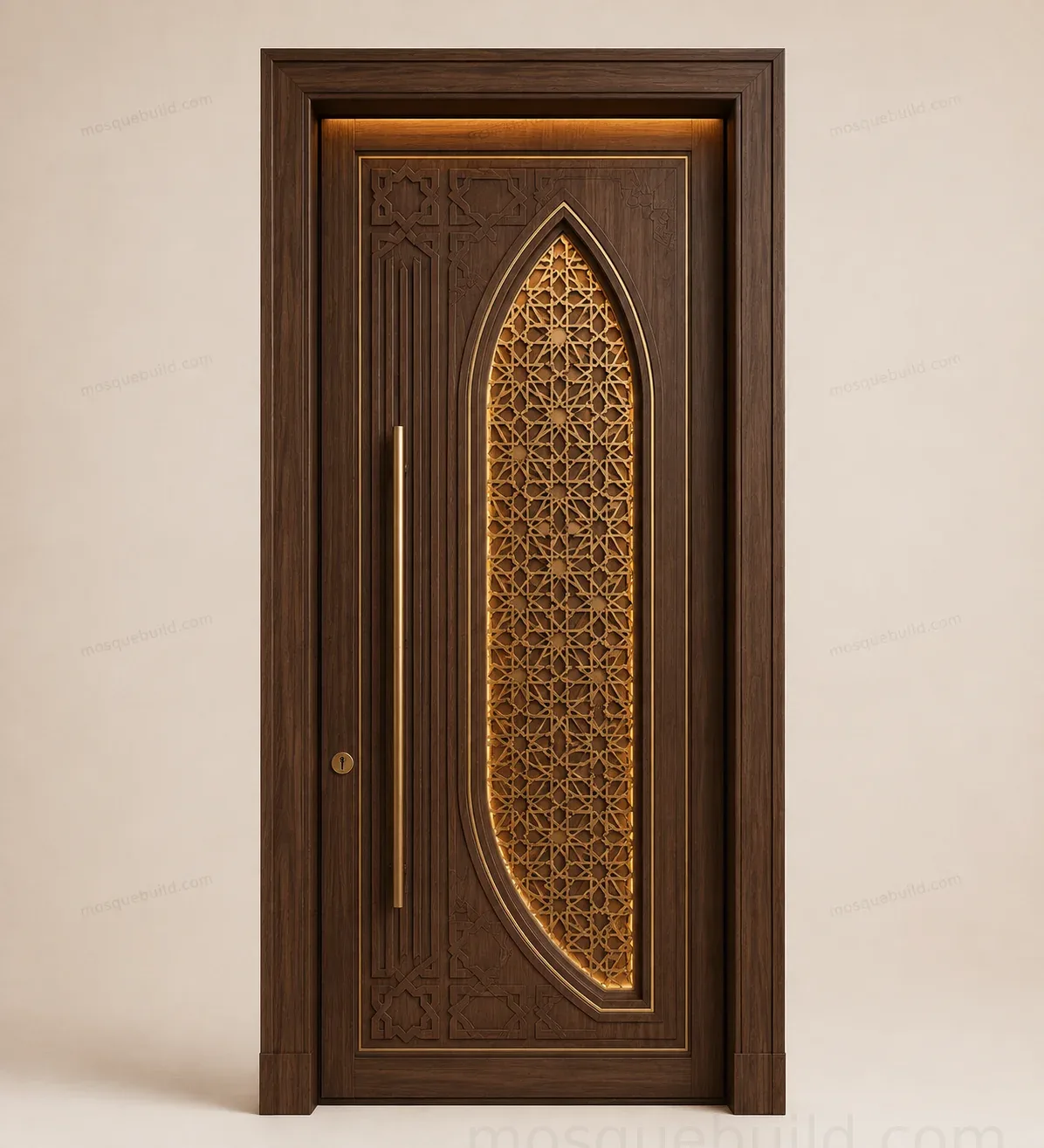Islamic Lattice Walnut Mosque Door – Main İslami kafes desenli ceviz cami kapısı ön ürün görünümü