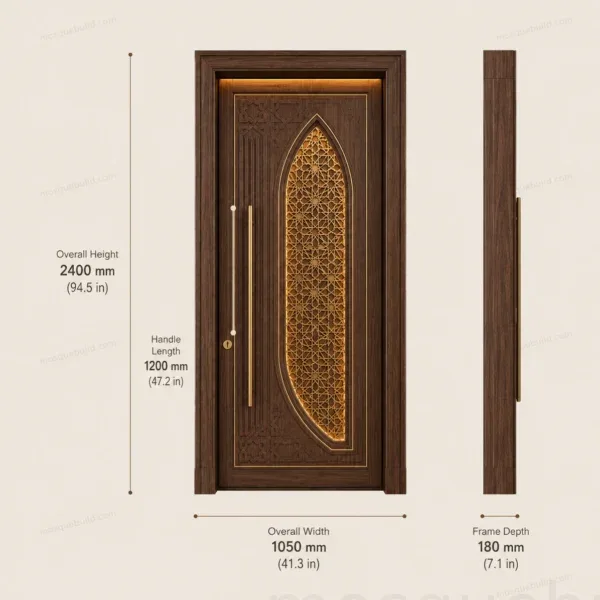 İslami kafes desenli ceviz cami kapısı projeye özel ölçülerle teknik sunum
