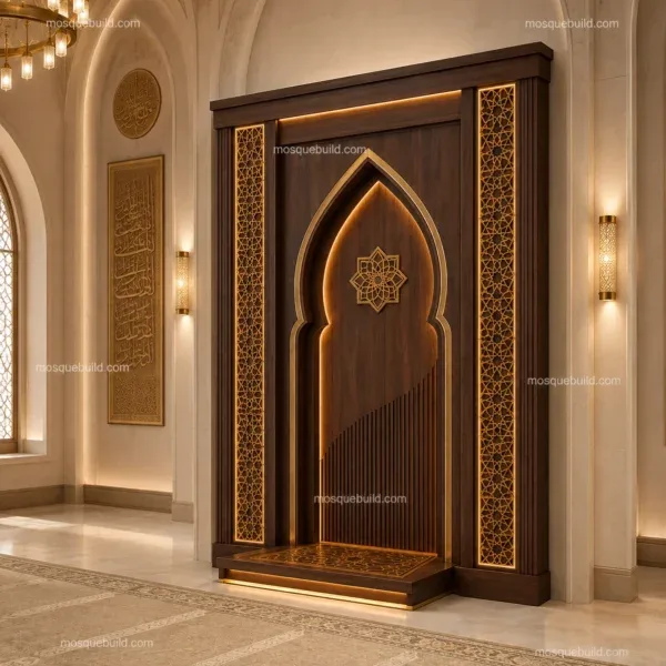 altın kemerli ahşap cami kapısı, cami ibadet salonunda uygulanmış görünüm