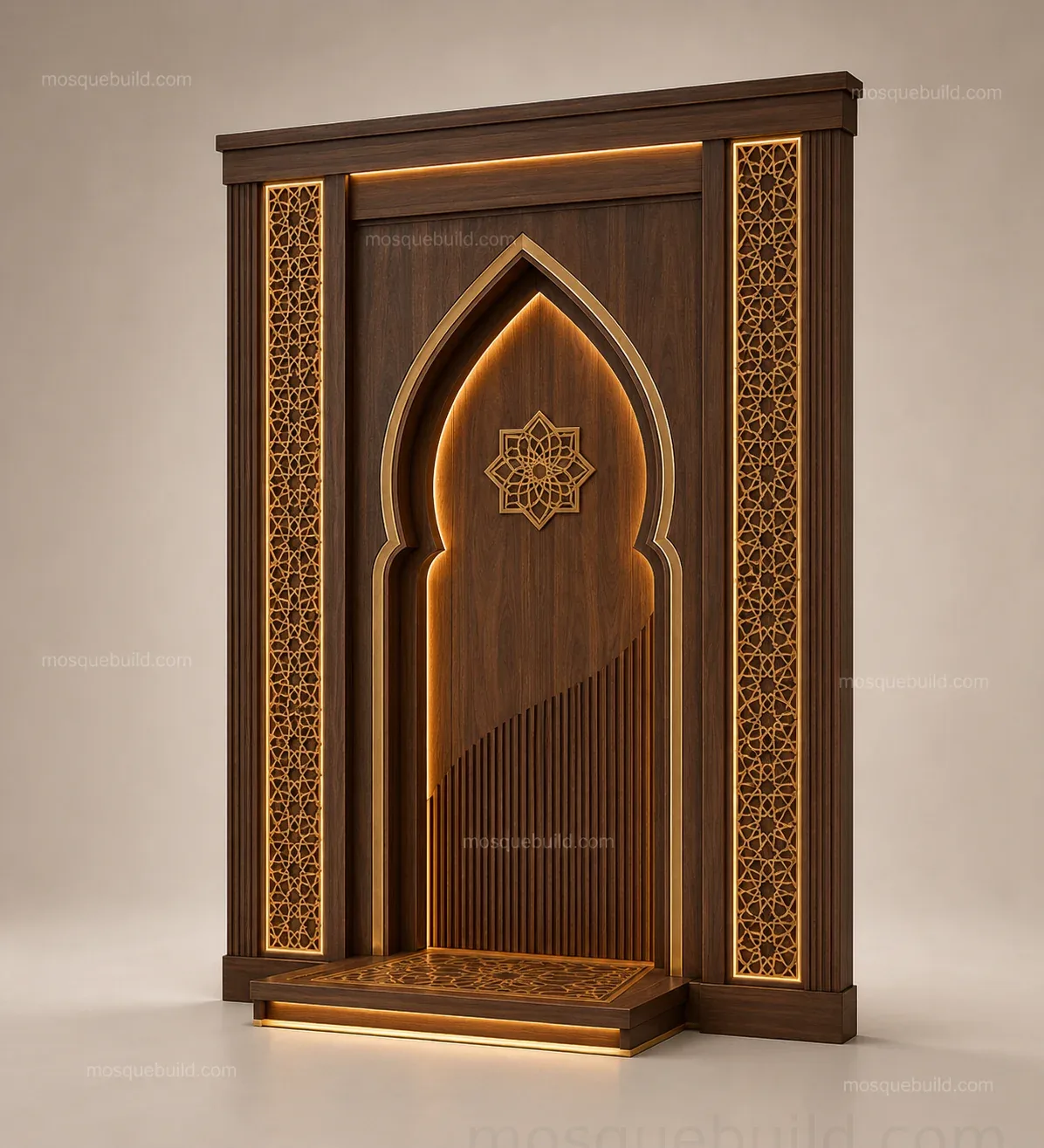 Golden Arch Wooden Mosque Door – Main altın kemerli ahşap cami kapısı ön ürün görünümü