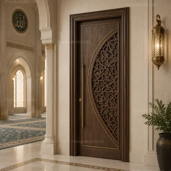 porte de mosquée en bois sculptée d’arabesques installé dans une salle de prière de mosquée