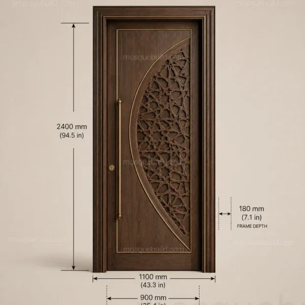 présentation technique de porte de mosquée en bois sculptée d’arabesques avec dimensions spécifiques au projet