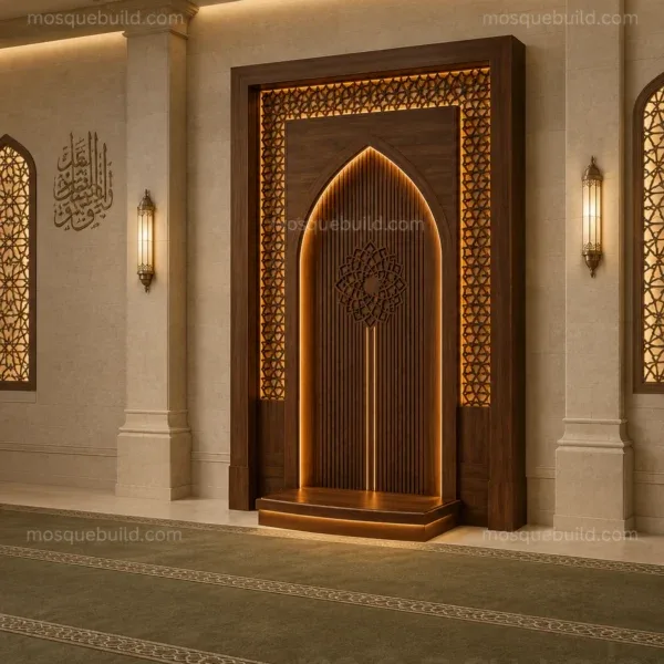 yüksek geometrik kemerli ahşap cami kapısı, cami ibadet salonunda uygulanmış görünüm