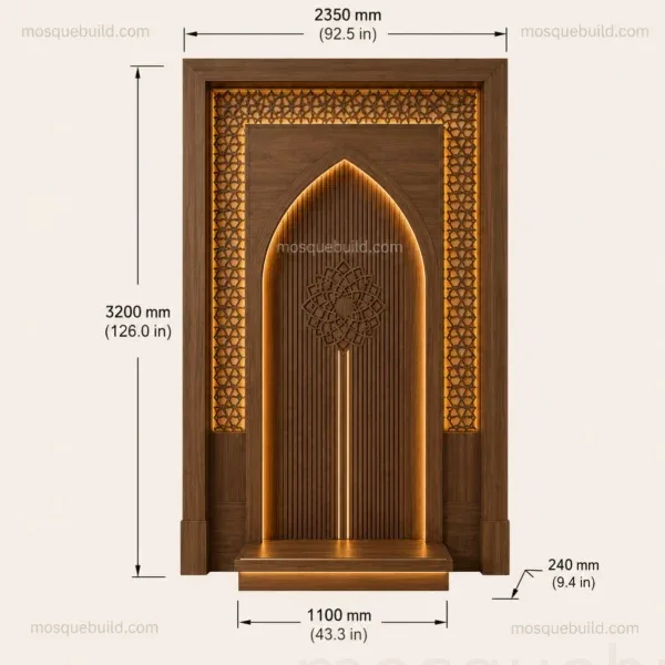 yüksek geometrik kemerli ahşap cami kapısı projeye özel ölçülerle teknik sunum