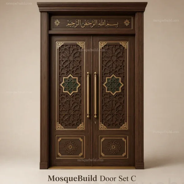 Double-Leaf Carved Wooden Mosque Entrance Door front product view