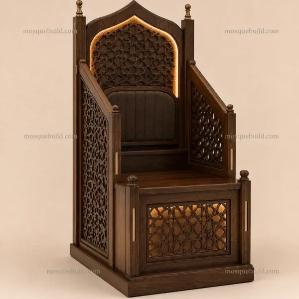 Three-quarter view of Upholstered Traditional Wooden Mosque Dais / Kursi showing geometric framed backrest details