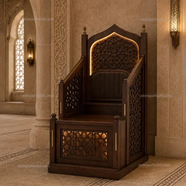 Upholstered Traditional Wooden Mosque Dais / Kursi installed in a mosque prayer hall interior