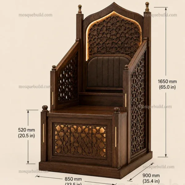 Technical presentation of Upholstered Traditional Wooden Mosque Dais / Kursi with project-specific dimensions