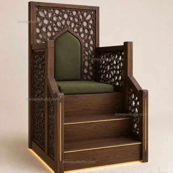 Three-quarter view of Geometric High-Back Wooden Mosque Dais / Kursi showing geometric perforated back panel details