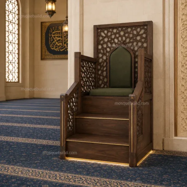 Geometric High-Back Wooden Mosque Dais / Kursi installed in a mosque prayer hall interior