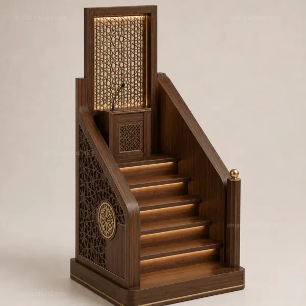 Three-quarter view of Traditional Lattice Wooden Mosque Minbar showing islamic geometric lattice details
