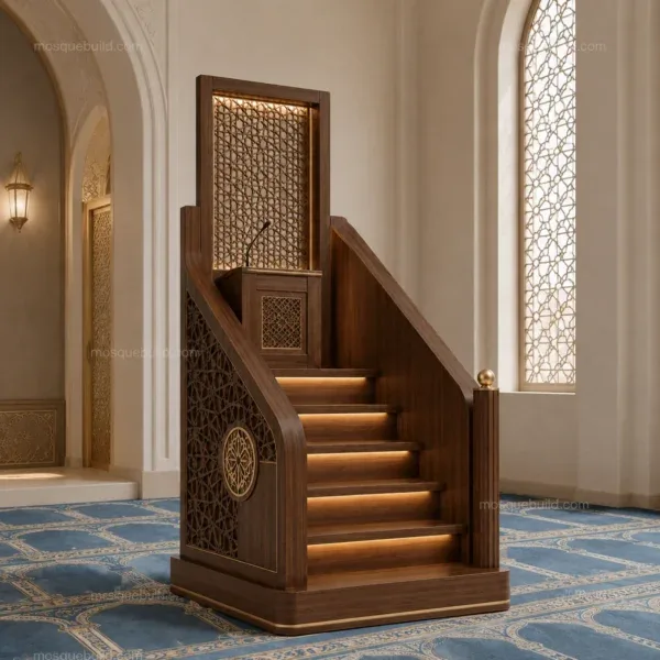 Traditional Lattice Wooden Mosque Minbar installed in a mosque prayer hall interior