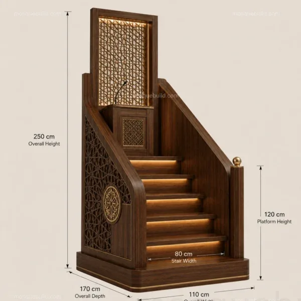 Technical presentation of Traditional Lattice Wooden Mosque Minbar with project-specific dimensions