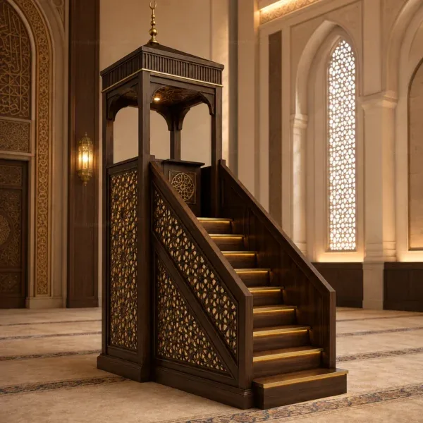 منبر مسجد خشبي سلجوقي بمظلة مركب داخل قاعة صلاة مسجد