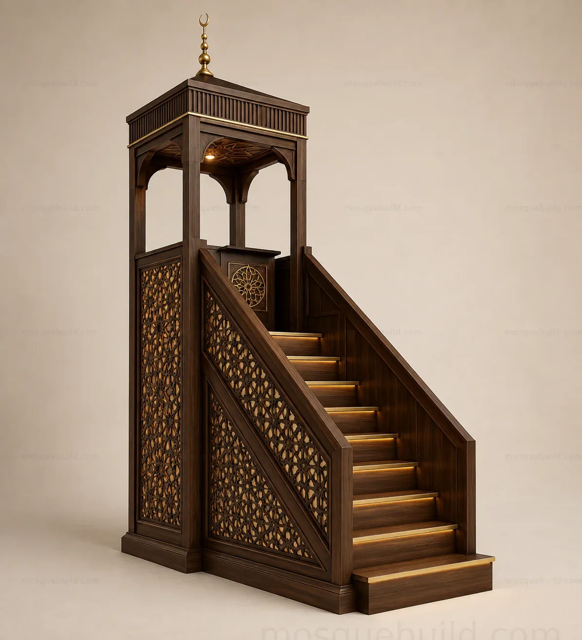 Canopied Seljuk Wooden Mosque Minbar – Main منظر أمامي للمنتج: منبر مسجد خشبي سلجوقي بمظلة