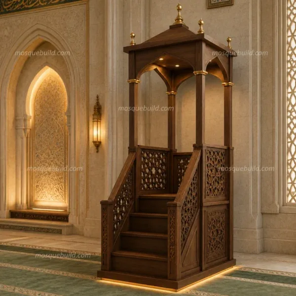 Holz-Moscheeminbar mit offenem Baldachin, in einem Moschee-Gebetssaal installiert
