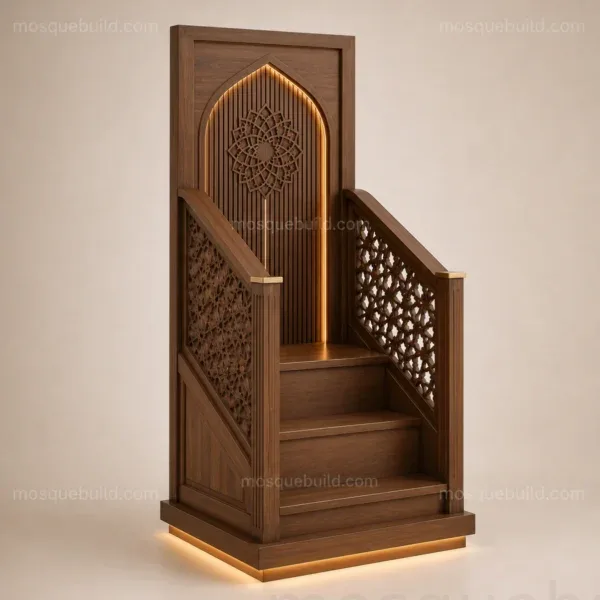 Three-quarter view of Compact Geometric Wooden Mosque Minbar showing geometric lattice railing details