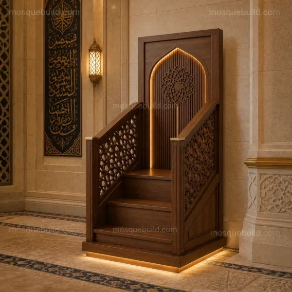 Compact Geometric Wooden Mosque Minbar installed in a mosque prayer hall interior