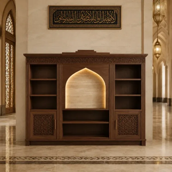 خزانة أحذية مسجد خشبية مخصصة مدمجة داخل تجويف – الموديل SHR-260816-002 – معروض داخل مسجد