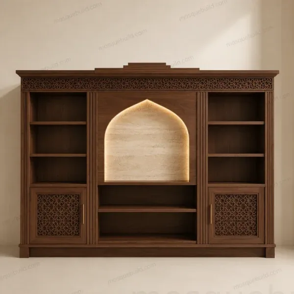 Niche-Integrated Custom Wooden Mosque Shoe Cabinet – Model SHR-260816-002 front product view