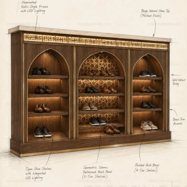 خزانة أحذية مسجد خشبية مخصصة مدمجة داخل تجويف – الموديل SHR-260816-009 – رسم تخطيطي للتصميم المعماري