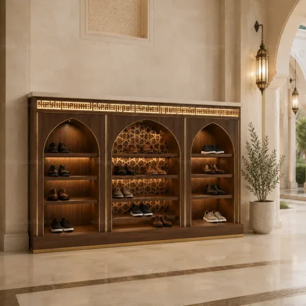 خزانة أحذية مسجد خشبية مخصصة مدمجة داخل تجويف – الموديل SHR-260816-009 – معروض داخل مسجد