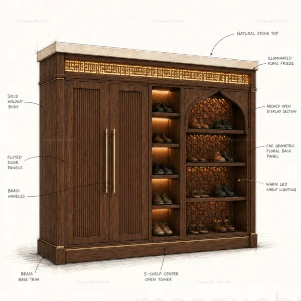 خزانة أحذية مسجد خشبية مخصصة بألواح – الموديل SHR-260816-010 – رسم تخطيطي للتصميم المعماري