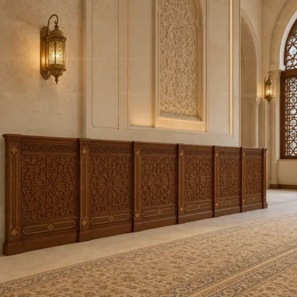 Panelled Wooden Mosque Wall Cladding & Separator – Model WCL-260816-008 shown in a mosque interior