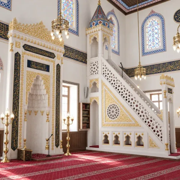 Qibla-Wand der Moschee: Design und Mihrab-Koordination — weitere Detailansicht