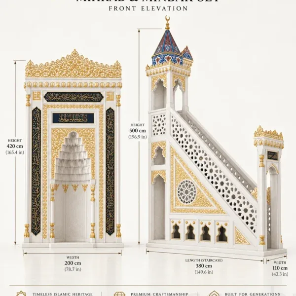 Ottoman marble mihrab and minbar set MB-MP07 dimensioned front view