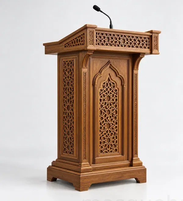 mb-lec-010-freestanding-carved-wooden-mosque-podium Freestanding Carved Wooden Mosque Podium, tall arabesque fretwork panels and a solid broad reading top, warm oak brown