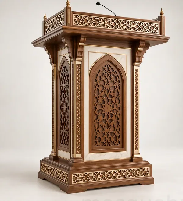 mb-lec-014-traditional-carved-mosque-speech-lectern Traditional Carved Mosque Speech Lectern, structured vertical corner posts, arabesque front and lattice-trimmed reading