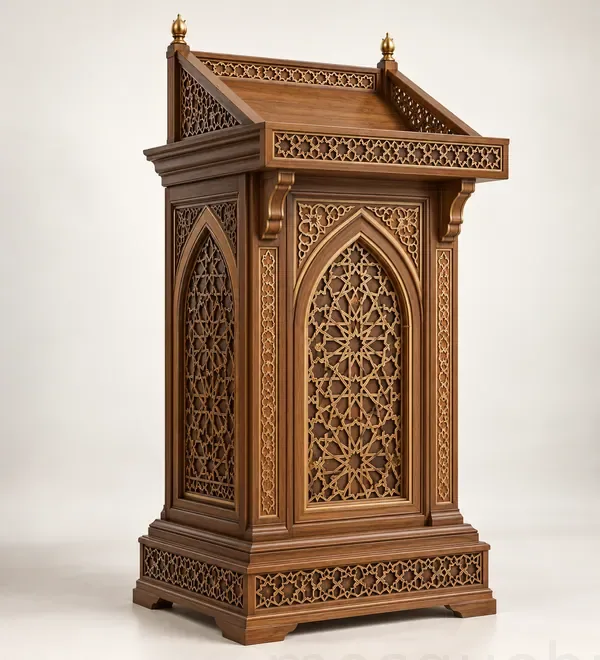 mb-lec-015-ornamental-wooden-mosque-lecture-podium Ornamental Wooden Mosque Lecture Podium, pointed arch front panels, a compact square footprint and decorative top edging,