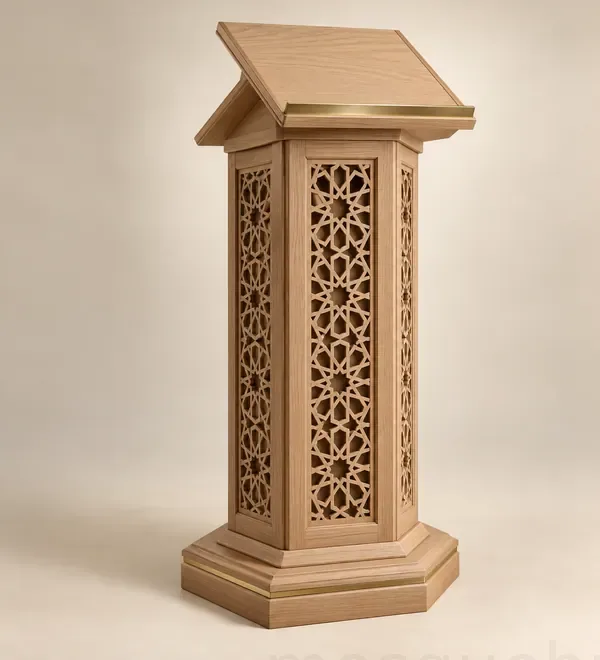 mb-lec-018-light-oak-geometric-wooden-mosque-lectern Light Oak Geometric Wooden Mosque Lectern, openwork side panels, a sloping lectern top and clean timber edges, light