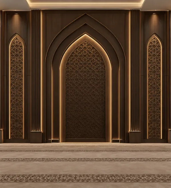 mb-mih-038-dark-walnut-mihrab-wall-design-with-gold-lighting Dark Walnut Mihrab Wall Design with Gold Lighting, tall recessed Islamic pointed arch with layered dark timber and